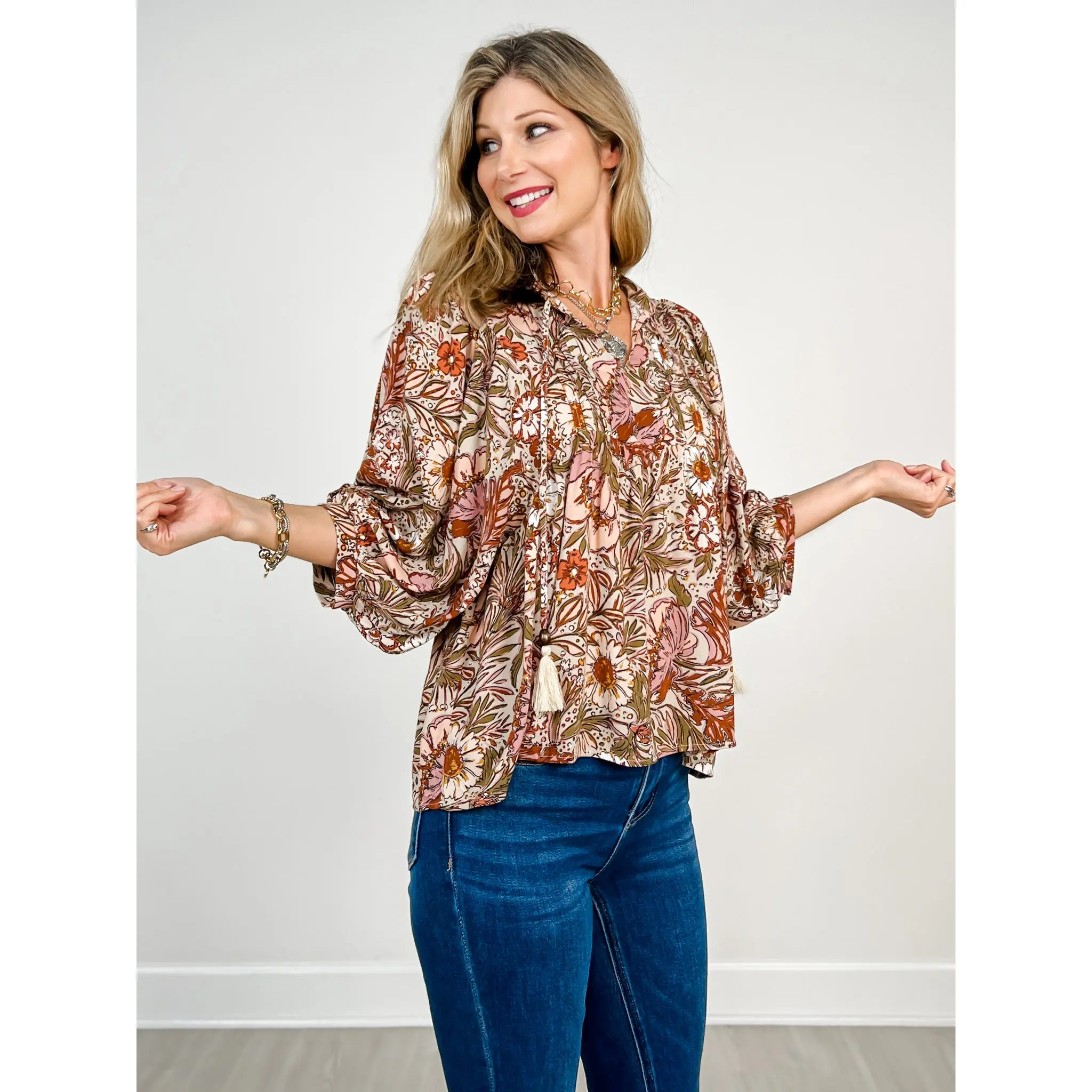 3/4 Sleeve Bohemian Floral Peasant Top