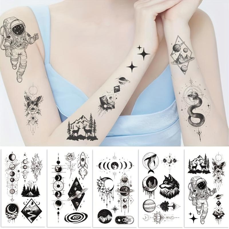 10 Pieces Black Space Temporary Tattoo, Geometric Planet Fake Tattoo Sleeves, Suitable for Women Men Adult, 3D Star Moon Sun Solar System Tattoo Sticker Universe Astronaut Galaxy Arm Art Design-Easy to Apply and Remove, Durable and Durable.