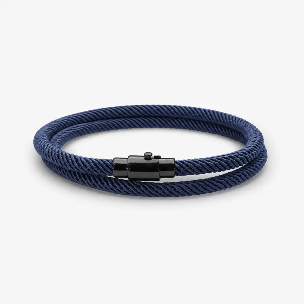 Men's Double Wrap Bracelet Navy Blue Milan Rope Cord Wristband Matte Black Alloy Magnetic Clasp Unisex Minimalist Surf Beach Nautical Jewelry Layering Cuff, Wristband Original, Basic, Nylon, Anniversary, Male, 40Cm, Daily Wear, Nylon Cord, Modern, Nautica