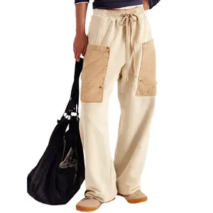 Buenoble Knit Utility Pants for Women Elastic Waist Pull-On Wide Leg Cargo Pants with Drawstring