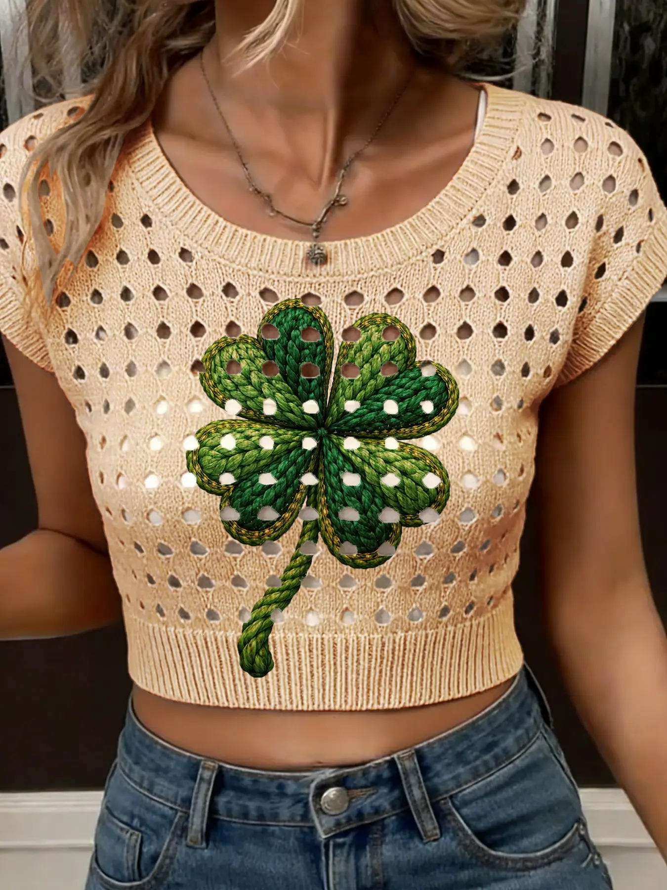 Women's Vintage Four-Leaf Clover Print Hollow Out Round Neck Sleeveless Sweater Vest, Womenswear, Casual Knitwear, Comfortable Versatile Top for All Seasons
