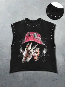 Men's Casual Vest, Trendy Faded Graphic Print Street Style, Fashion Versatile Fit, Comfortable Fabric, Perfect for Music Festivals