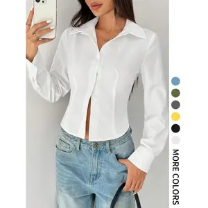 Women's Plain Collared Shirt, Casual Elegant Long Sleeve Button Top for Daily Wear, Ladies Clothes for All Seasons, Womenswear
