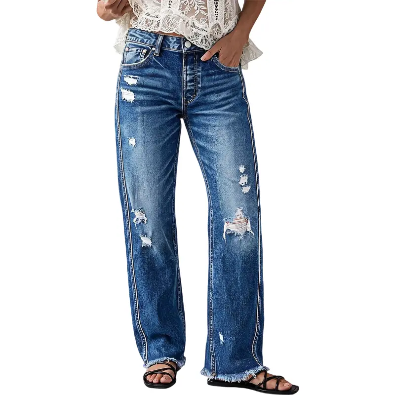Flamingals Wash Raw Hem Ripped Mid Waist Straight Leg Jeans Stretchy 30.5'' Inseam