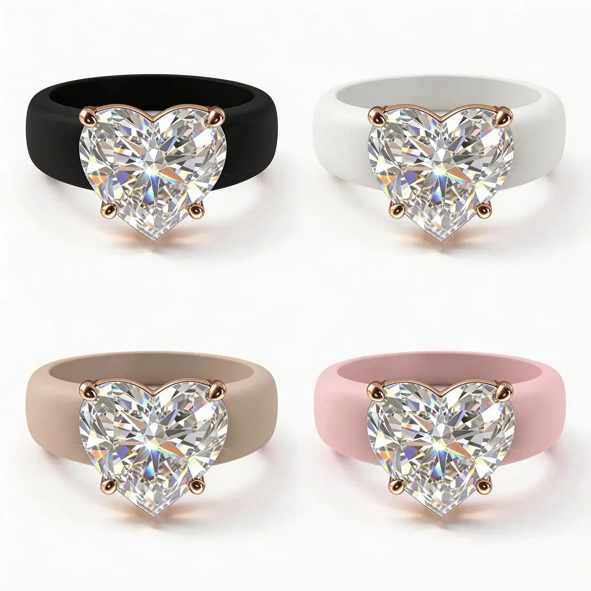 Women's Silicone Ring with Large Rectangle CZ Stone, Rose Gold Prong Setting, Comfortable Sport Wedding Band, Anti-allergy Jewel