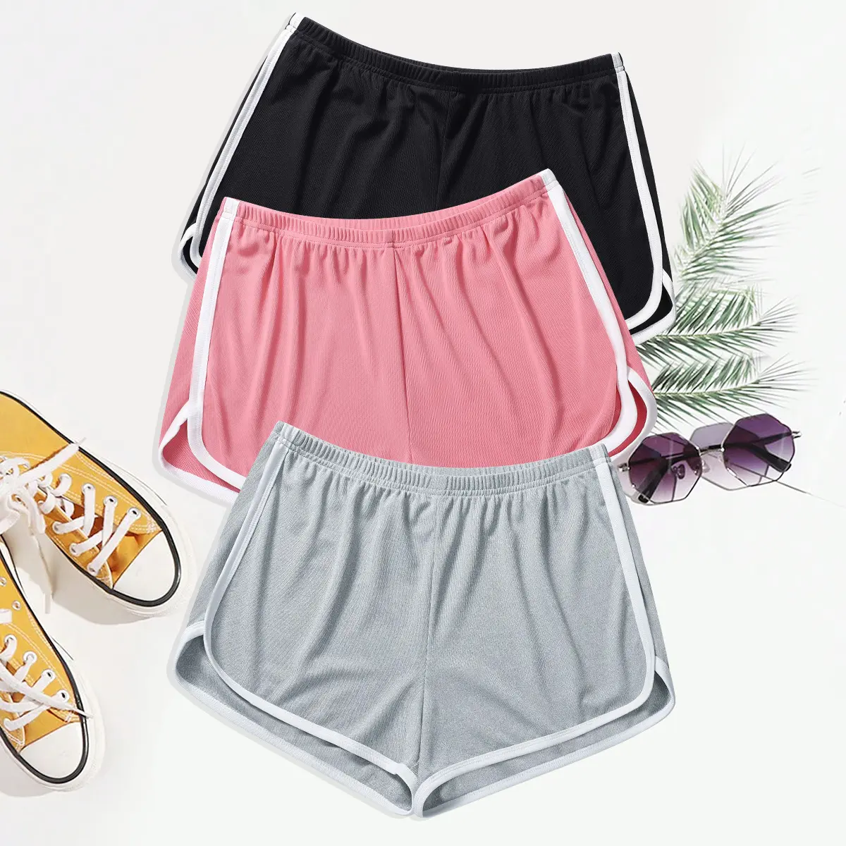 Women's 3-Pack Cotton Dolphin Shorts with Drawstring, Contrast Binding Athletic Yoga Running Gym Shorts