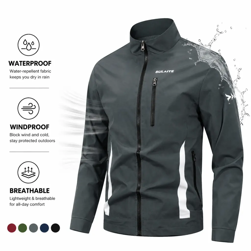 Men’s stand collar waterproof windproof cycling jacket, lightweight breathable outdoor motorcycle outerwear with multiple zippered storage pockets and side contrast piping, functional casual top for men for autumn/winter motorcycling outings.