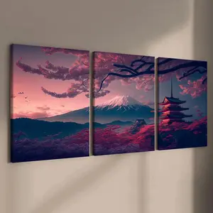 Japanese Cherry Bloom Landscape Wall Art Decor Set - Modern Waterproof Wooden Framed Posters and Prints, Sakura Scenery Painting for Living Room, Bedroom Decoration