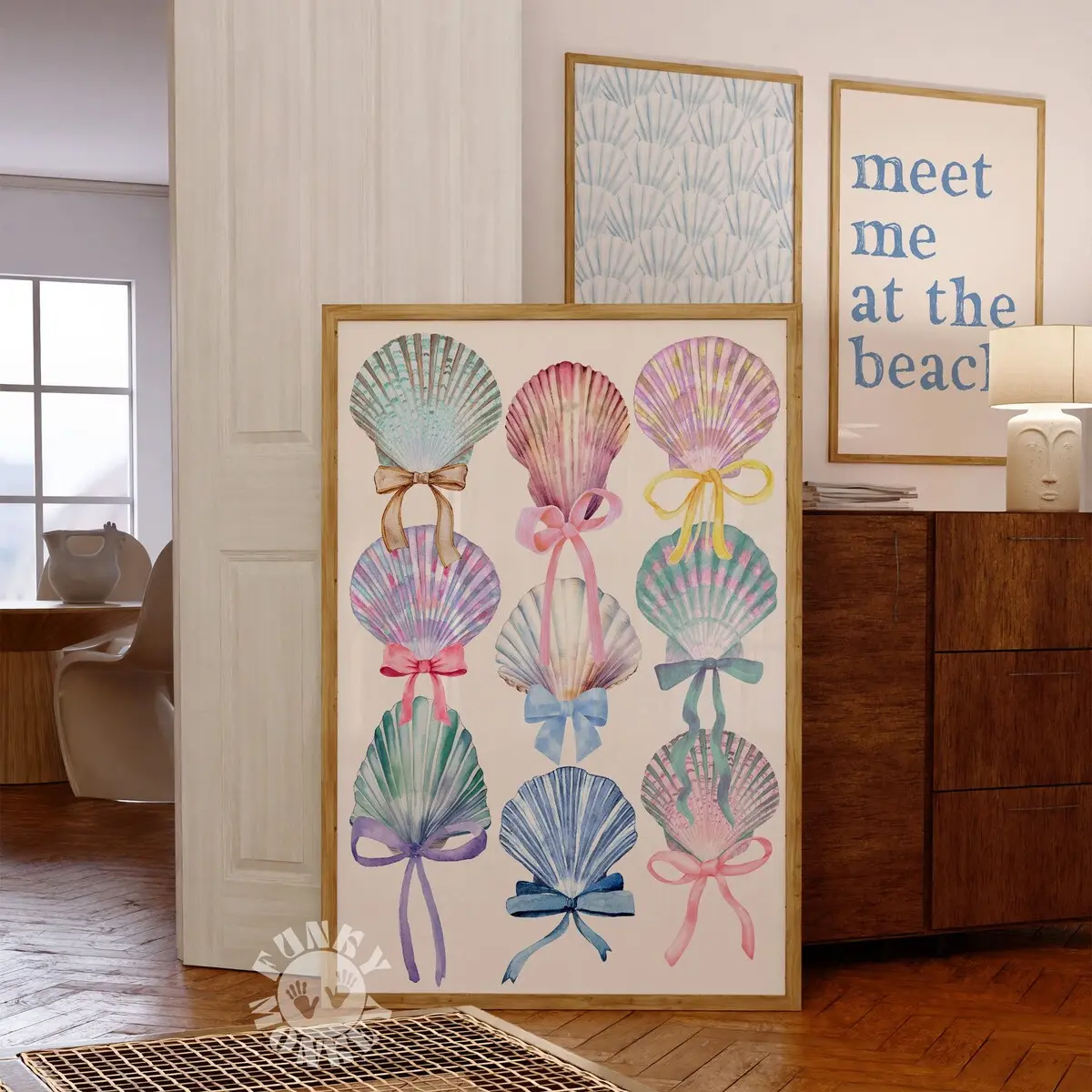 Seashells with Pink Bows Wall Art – Coastal Granddaughter Aesthetic Poster, Coquette Coastal Cowgirl Decor, Preppy Dorm Room Print, Unframed, Room Decor