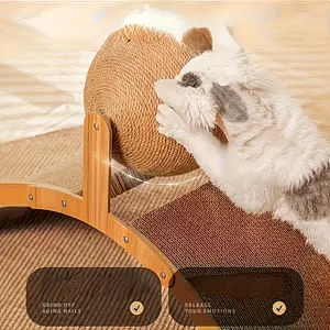 Cat Scratching Post with Interactive Ball, Durable Solid Wood Sisal Scratching Board, Vertical Cat Scratcher with Integrated Cat Bed, Indoor Anti-Scratch Furniture for Cats Kittens