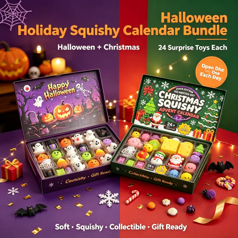 Christmas Squishy Advent Calendar Bundle | Halloween & Holiday Fidget Toy Countdown Calendars, 24 Surprise Squishies Each