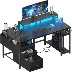 55" Gaming Computer Desk with LED Lights & Power Outlets – Home Office Desk with Monitor Stand, Storage Shelves & File Drawer, Black