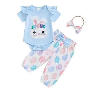 Canrulo 3Pcs Newborn Baby Girl Easter Outfits Short Sleeve Bunny Embroidery Romper Jumpsuit Bodysuit and Egg Pattern Pants and Headband Clothes Sets for Infant Girls