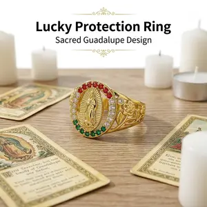 Our Lady of Guadalupe Color Zircon Ring, Vintage Gold Plated Hollow Carved Ring, Religious Prayer Jewelry, Gift for Elderly & Church Members