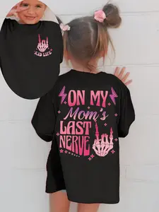 Girls' "On My Mom's Last Nerve" Skeleton Hand Graphic T-Shirt | Retro Pink Lightning Bolt Short Sleeve Tee for Kids