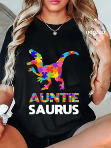 100% Cotton Unisex Auntie Saurus Autism Awareness Autistic Autism Aunt Gift T-Shirt Casual Top