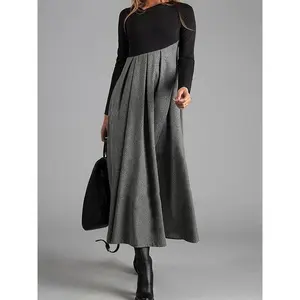 Autumn Winter  New Woolen Dress Color-Block V-Neck Long Sleeve Patchwork Flared Dress Casual Womenswear