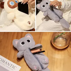 Cute Cat Plush Pencil Case, Makeup Bag, Zipper Phone Holder, Adorable Cartoon Animal Toy, Soft Stuffed Animal Accessory