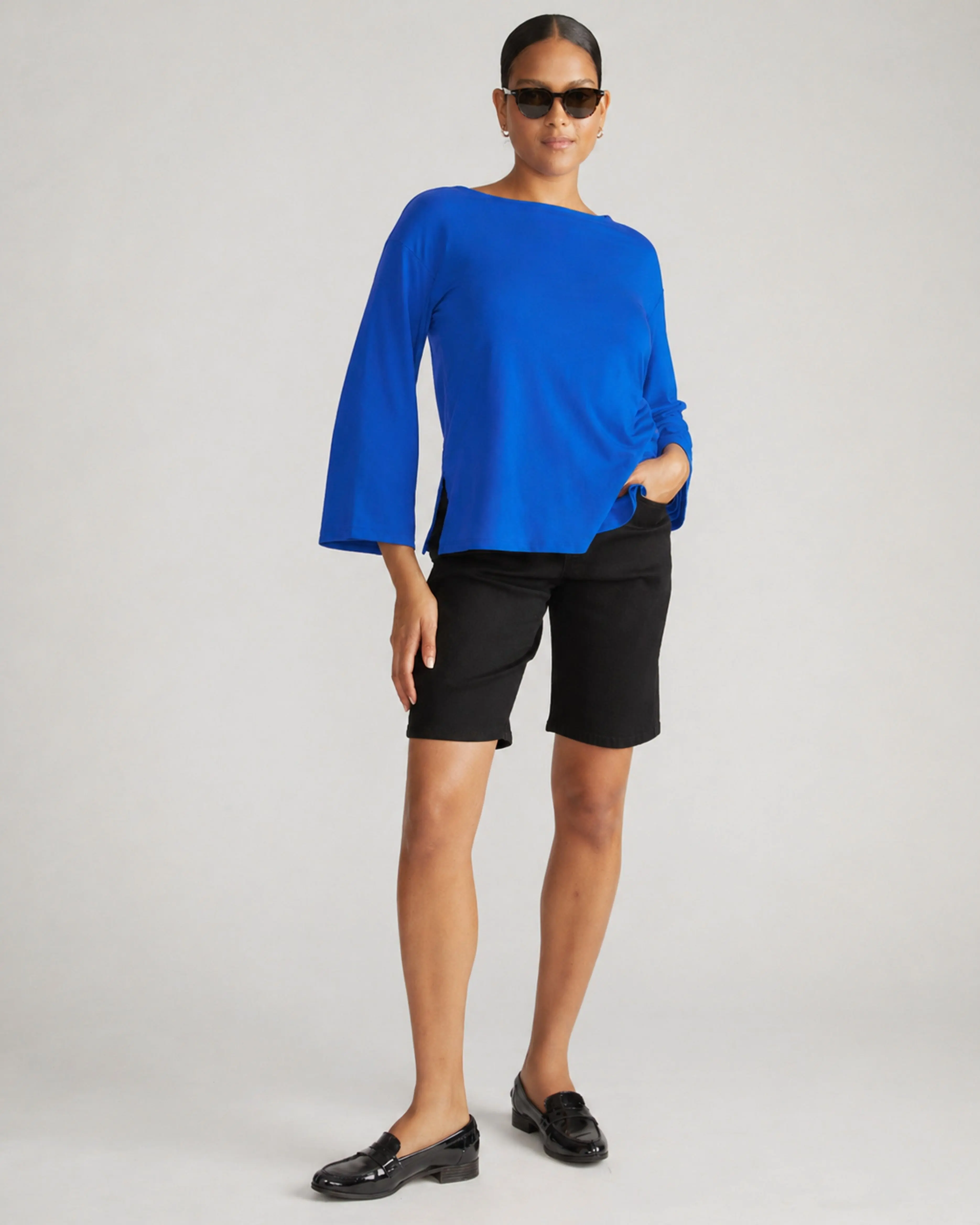 Women's Preppy Look Striped Breton Top - Soft Jersey Yarn-Dyed Knit Blouse with Classic Bell Sleeves for Everyday Summer Wear, Lady's Basic Casual Essential Ultramarine Shirt