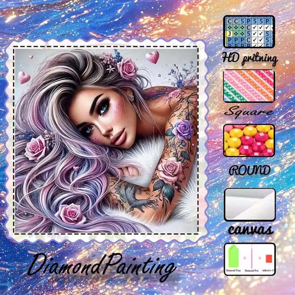 DIY 5D flocking diamond painting kit with AB diamonds, fairy dust diamonds, Diy craft supplies. Girl, flower, background. Diamond embroidery, special craft art kit for wall decoration. Perfect gift for family, loved ones, and friends, Diy Kits