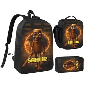 3PCS Tung Tung Tung Sahur2 Backpack Set for Girls and Boys Large Capacity School Bag with Insulated Lunch Box and Pencil Case Cartoon Casual Bookbag for Kids Perfect for Back to School Picnic and Birthday Gift