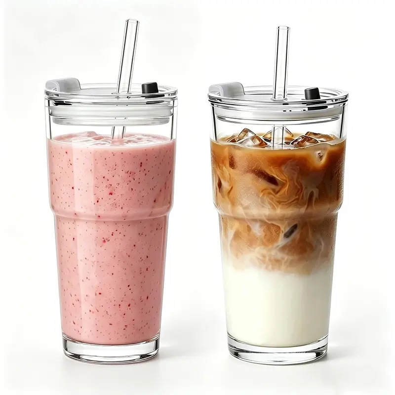 20 OZ Glass Coffee Cups with Lids and Straws, Set of 2 Clear Glass Tumblers, Iced Coffee Cups with Lids, Reusable Glass Cups for Cold Brew, Latte, Tea, Coffee Bar Accessories, Home Kitchen
