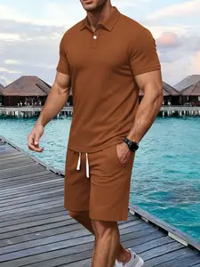 Men's Waffle Polo Shirt & Drawstring Waist Shorts Set, Menswear Outfit, Comfortable Breathable Fitted Plain Two-Piece, Casual Outdoor Summer Clothing