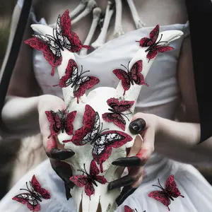 12pcs - Beautiful and cool Halloween stickers, 3D butterfly walls with adhesive, Gothic style holiday living room wardrobe decorations, non electrified hollow skeleton stickers, suitable for holiday gatherings, home living room decoration