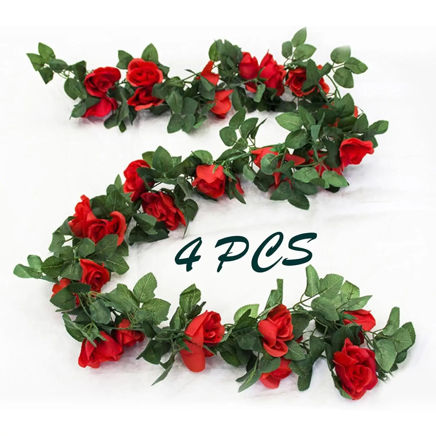 4-Pack Lightweight Plastic Artificial Rose Vine Garland - Wedding Centerpieces, Decoration for Home, Party Shops, Garden Arch (Red)