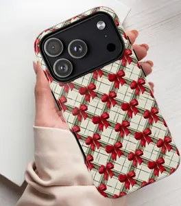Aesthetic Red Bow Pattern Phone Case for iPhone 11–17 | Cute Holiday Gift-Inspired Design with Festive Ribbon Print | Stylish Protective Winter Cover