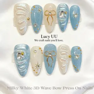 【Lucy UU】Gorgeous Ice Blue Milky White 3D Wave Bow Press On Nail Medium Almond Shape Handmade Reusable Luxury Fake Nails With Rhinestone Star Accents For Women