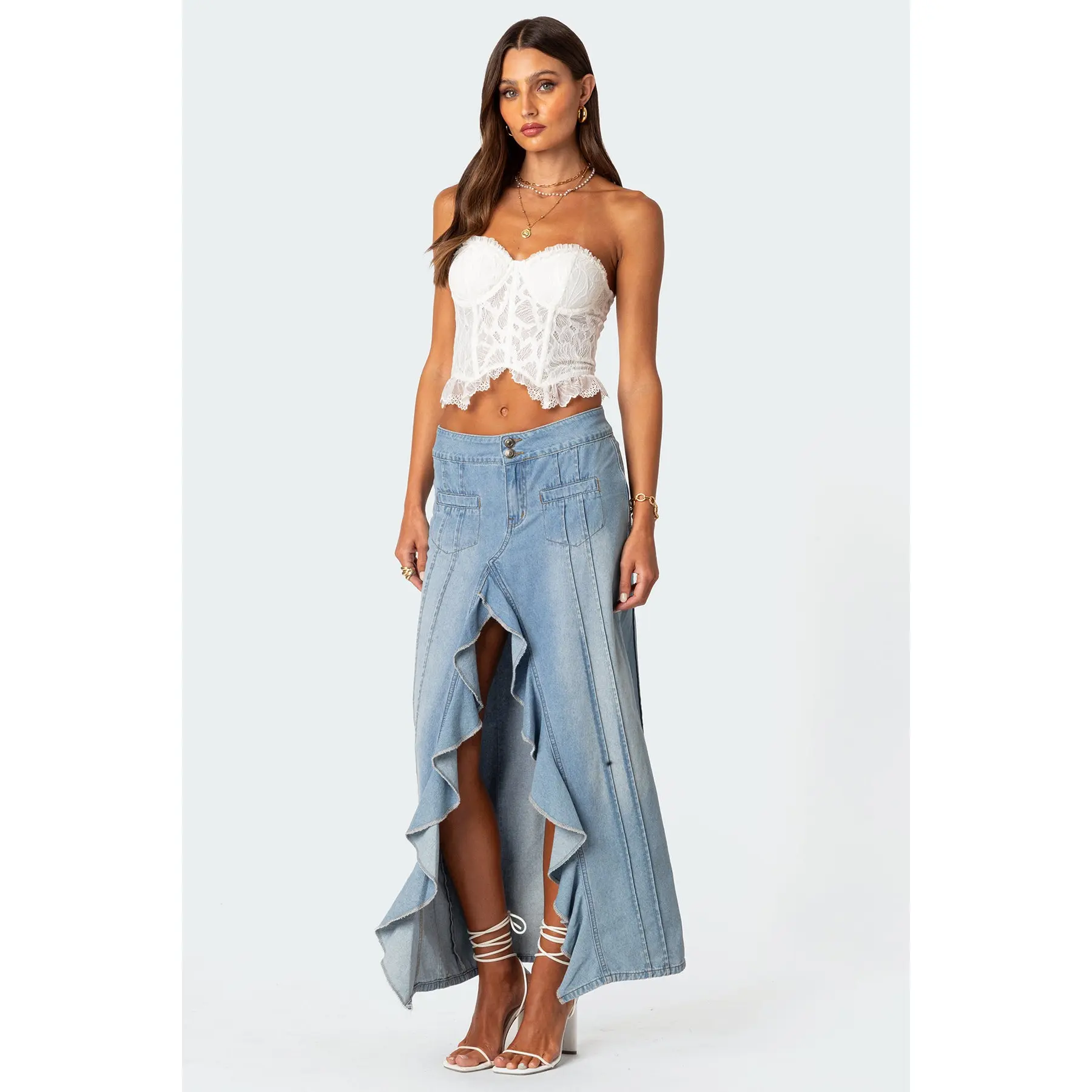 Valencia Ruffle Slitted Denim Maxi Skirt Valencia Ruffle Slitted Denim Maxi Skirt