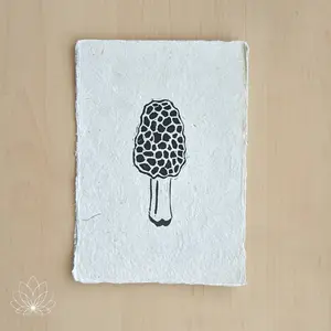 Morel Linocut on Lokta Paper, 5"x7"