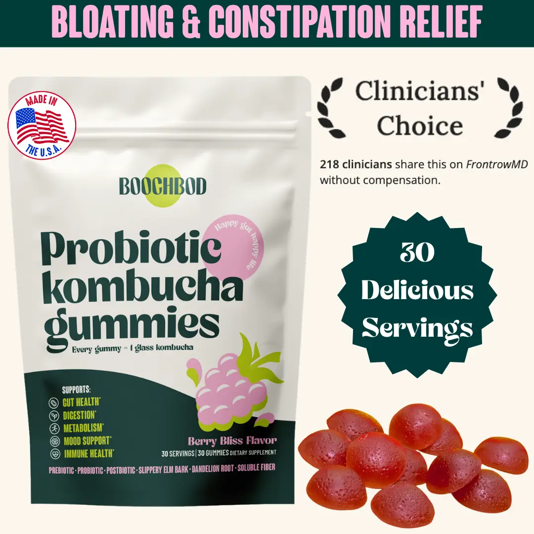 BoochBod Debloating Kombucha Gummies - Bloating & Constipation Relief - for Digestive Support & Gut Health - Prebiotics, Probiotics, Postbiotics, Soluble Fiber, Slippery Elm, Dandelion Root, MCT Oil