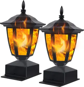 Solar Flame Post Lights Outdoor, Solar Powered Lamps Fence Post Cap Lights, Flickering Flame LED Lantern Decorative Waterproof for Garden Deck Patio, Fit 4x4, 5x5 or 6x6 Wooden Posts, 2 Pack