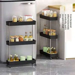 Ultra-Thin Durable Storage Cart with Wheels, Three-Tier Bathroom Shelf Organizer, Metal & Plastic Frame, Compact Design, Easy Assembly