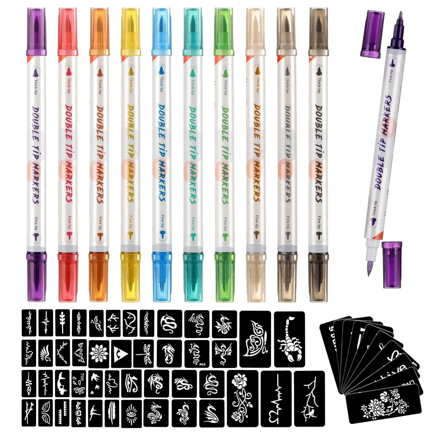 Temporary Tattoo Markers for Skin, 10 Body Markers + 56 Large Tattoo Stencils for Kids and Adults, Dual-End Tattoo Pens Make Bold and Fine Lines with Cosmetic-Grade Tattoo Ink ZYH2208001KIT