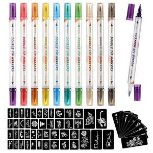 Temporary Tattoo Markers for Skin, 10 Body Markers + 56 Large Tattoo Stencils for Kids and Adults, Dual-End Tattoo Pens Make Bold and Fine Lines with Cosmetic-Grade Tattoo Ink