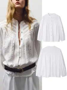 Women's Ruffle Trimmed Round Neck Long Sleeve Vertical Lace Plaid Blouse Shirt, Lightweight Comfortable Top for Vacation and Daily Wear