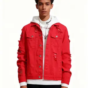 OeyFnbmO Men's Red Cotton Ripped Flap Pocket Denim Jacket Classic Trucker Jean Coat All-Season Menswear Outfit Redneck Party Trending Fashion Outdoor Cloth
