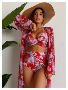 Women's 3 Piece Swimsuit Floral Push Up Bikini Set with Cover Up, High Waist Bathing Suit Red, Sexy Beachwear for Women, Summer Swimsuits