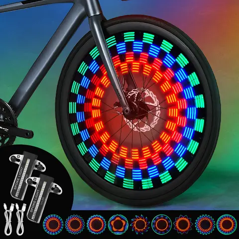 MoKo 2-Pack Smart Bicycle Lights - IPX5 Waterproof Bicycle Rim Lights with 18-Color Dynamic Modes, 20s Inactive Off, Green Fully Charged Indicator, 8-10 Hours Per Charge, for Standard 20"+ Spoked Wheels, Adult Night Riding Safety Ebike Accessories