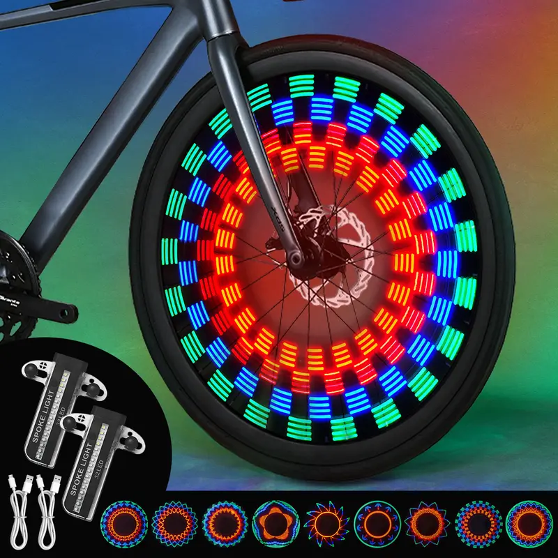 MoKo 2-Pack Smart Bicycle Lights - IPX5 Waterproof Bicycle Rim Lights with 18-Color Dynamic Modes, 20s Inactive Off, Green Fully Charged Indicator, 8-10 Hours Per Charge, for Standard 20"+ Spoked Wheels, Adult Night Riding Safety Ebike Accessories