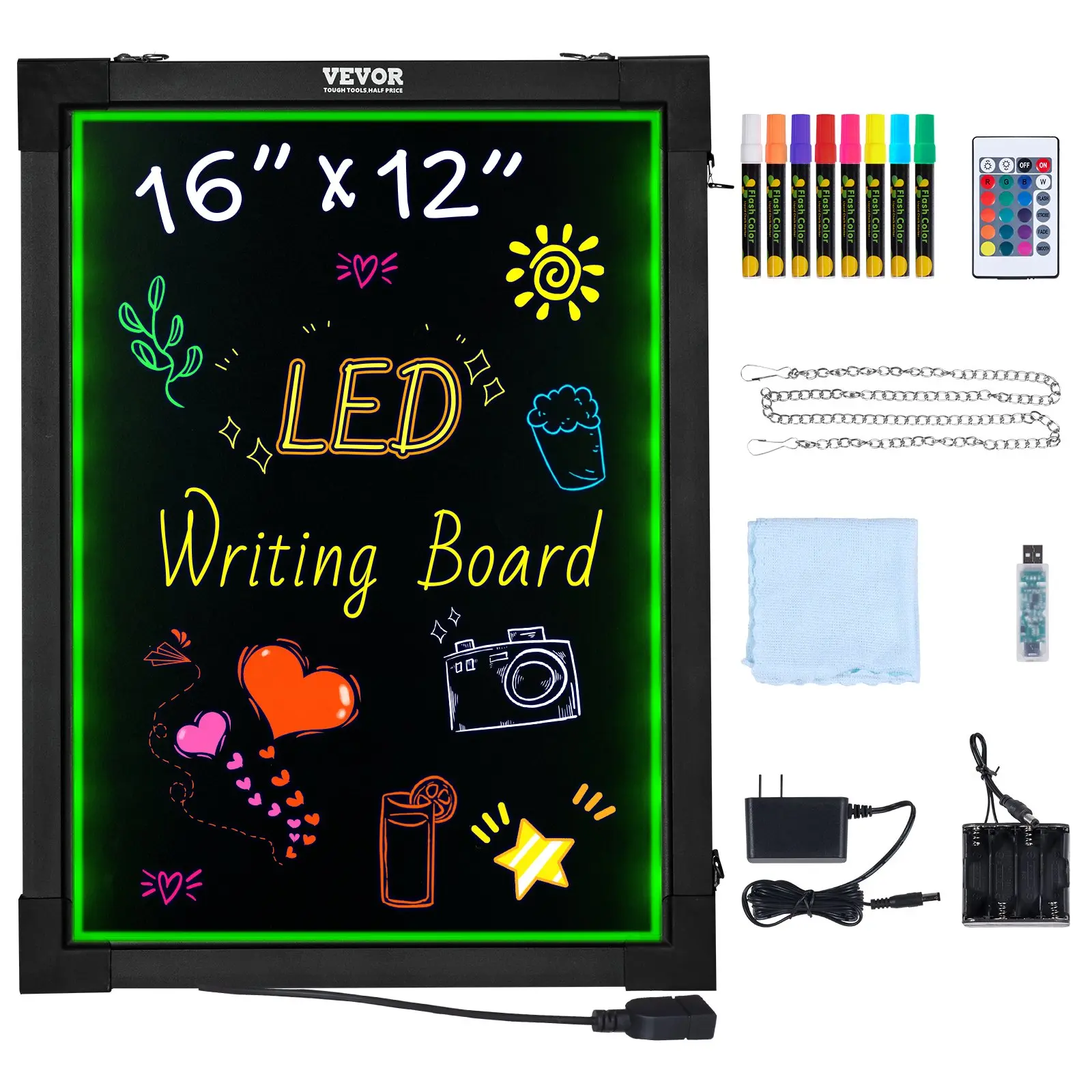 VEVOR LED Message Writing Board, 16x12 Illuminated Erasable Lighted Chalkboard, Neon Effect Menu Sign Board, Drawing Board with 8 Fluorescent Chalk Markers and Remote Control, for Home Wedding Shop