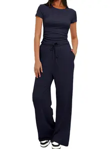 Women's Two-Piece Short Sleeve Ruched Top & Wide Leg Pants Set, Casual Comfortable Sleepwear Loungewear Outfit, Pure Color Home Wear, All Seasons