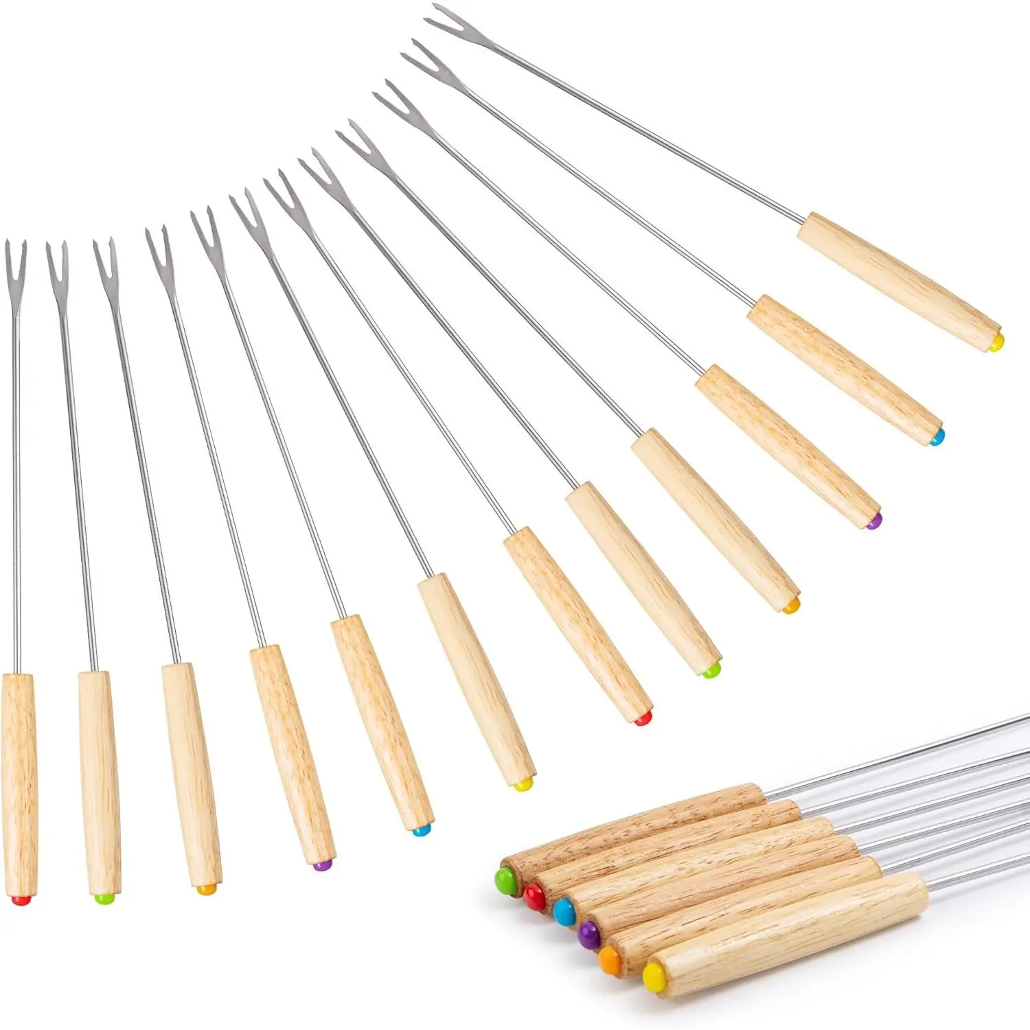 12PCS 9.5 Inch Color-Coded Wood Fondue Forks Utensil Set, Stainless Steel Fruit & Chocolate Fountain Utensils with Heat-Blocking Handles for Cheese Fondue Parties