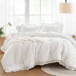 Queen Comforter Set Ruffle Comforter for Queen Size Bed, Prewashed Microfiber,, All Season Queen Bedding, Shams, Cottage, Full/Queen, Ivory 3 Piece