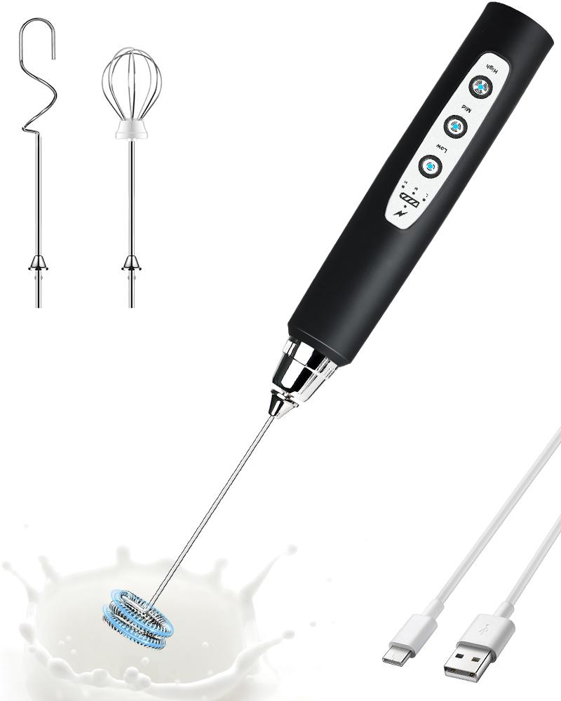 Handheld Milk Frother for Coffee, Rechargeable Electric Whisk with 3 Heads 3 Speeds Drink Mixer Foam Maker For Latte, Ca