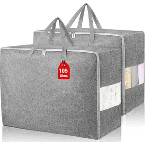 2Pack 105L  Storage Bags, Folding Moving Comforter Blanket Storage Bags Closet Organizers and Storage Containers for Clothes with  Handles&Zippers Clear Window for Bedding Pillow Grey
