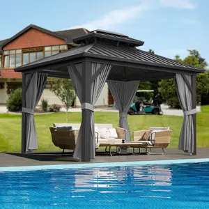 YJ-Garvee Heavy Duty 10x13 FT Hardtop Gazebo with Double Polycarbonate Roof, Mesh Netting & Sunshade Curtains – All-Weather Aluminum Outdoor Pavilion for Patio, Backyard, Lawn, or Deck, Grey, System
